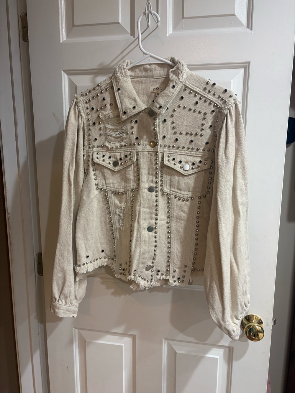 POL Cream Studded Distressed Denim Jacket - Women's